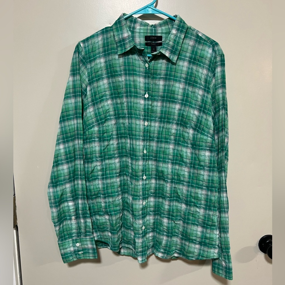 J. Crew Green and White Button-Down Shirt perfect fit sz 12